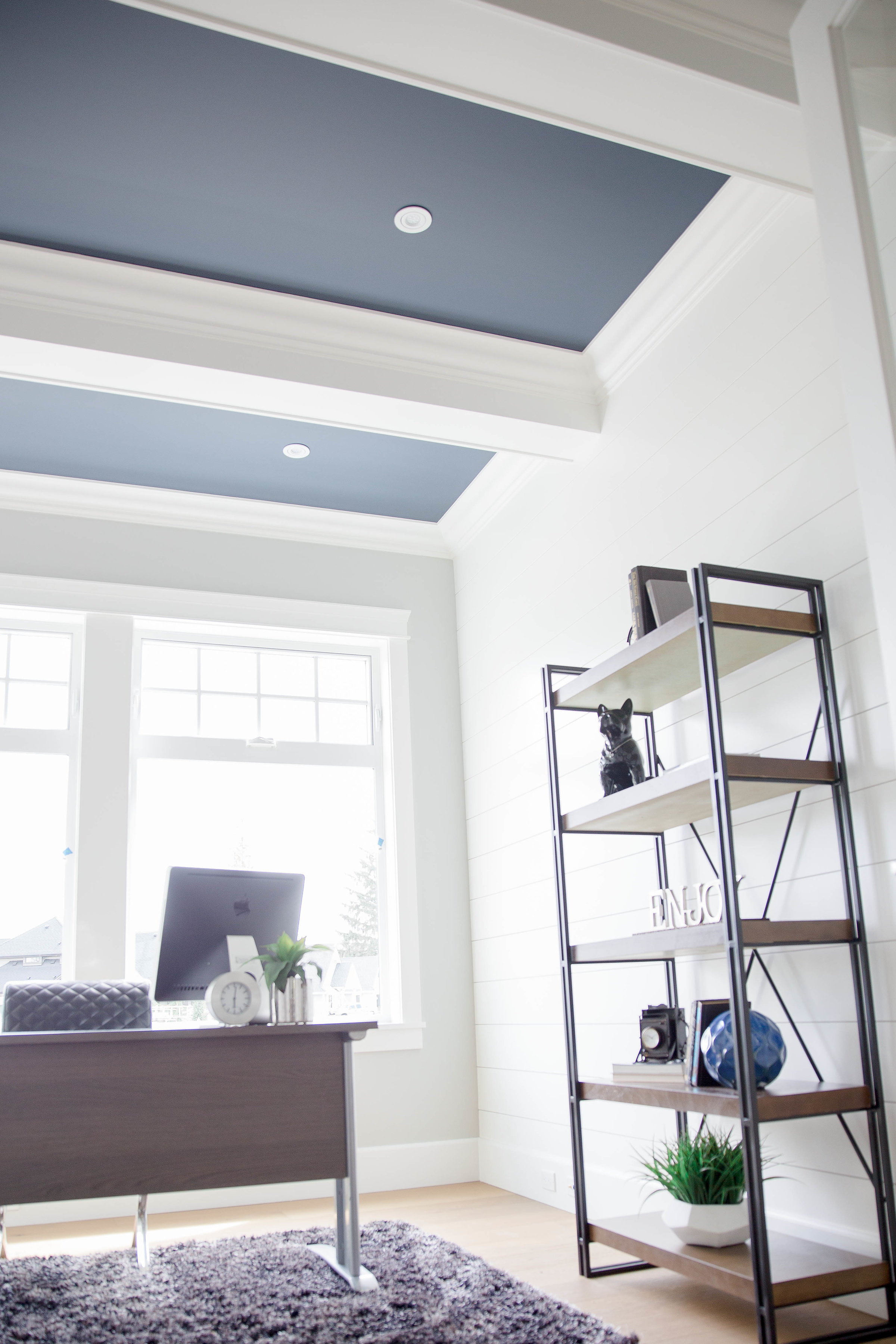 interior of office freshly painted white with navy ceiling panels. interior residential painting okanagan