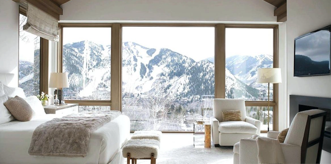 snowy mountain view from bedroom window - Kelowna interior painting